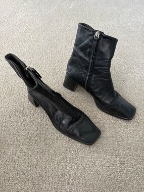 Black Leather Square-Toe Ankle Boots